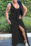 Black Sexy Solid Patchwork Slit Stringy Selvedge U Neck Long Dress Dresses