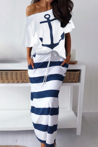White Fashion Casual Print Basic Oblique Collar Half Sleeve Two Pieces