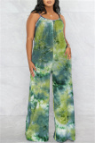 Green Fashion Casual Print Tie-dye Backless Spaghetti Strap Plus Size Jumpsuits