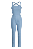 Light Blue Fashion Casual Solid Patchwork Backless Spaghetti Strap Skinny Jumpsuits