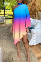 Colour Fashion Casual Print Asymmetrical Turtleneck Long Sleeve Dresses