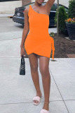 Orange Fashion Sexy Solid Bandage Backless One Shoulder Sleeveless Dress Dresses