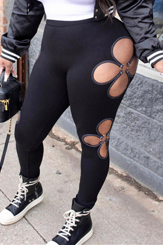 Black Fashion Casual Solid Hollowed Out Plus Size Trousers