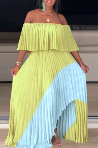 Yellow Sexy Print Patchwork Fold Asymmetrical Off the Shoulder Straight Dresses