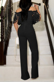 White Elegant Solid Hollowed Out Patchwork Off the Shoulder Straight Jumpsuits