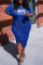 Blue Casual Print Patchwork Fold Asymmetrical O Neck One Step Skirt Plus Size Dresses