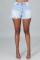 Light Color Fashion Casual Solid Ripped Hollowed Out High Waist Skinny Denim Shorts