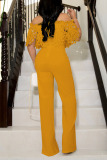 Yellow Elegant Solid Hollowed Out Patchwork Off the Shoulder Straight Jumpsuits