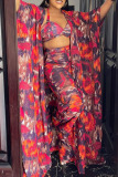 Rose Red Casual Print Patchwork Halter Long Sleeve Four Pieces(Contain The Scarf)