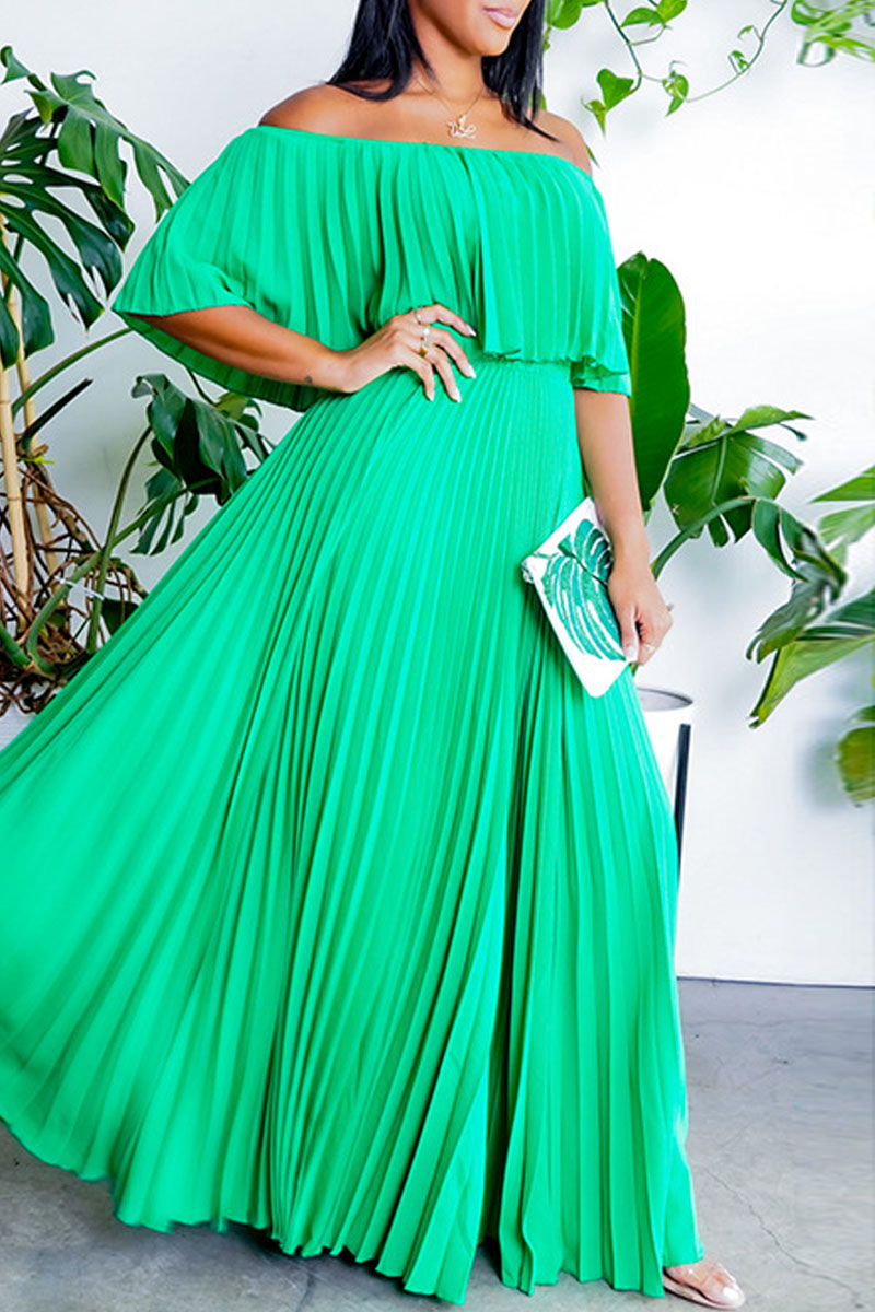 Casual Solid Color Ruched Off Shoulder Pleated Dresses