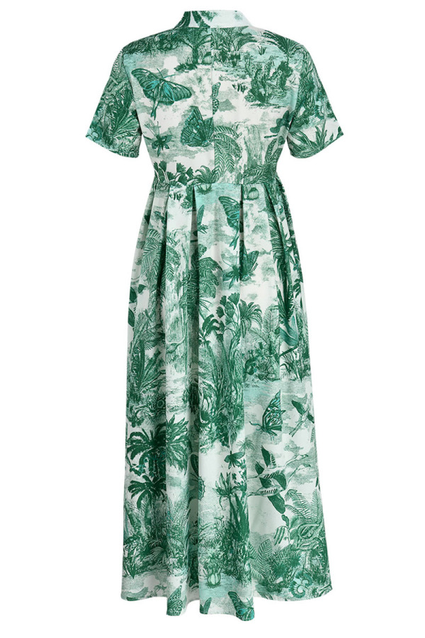 Wholesale Green Casual Elegant Print Patchwork Turndown Collar Dresses ...