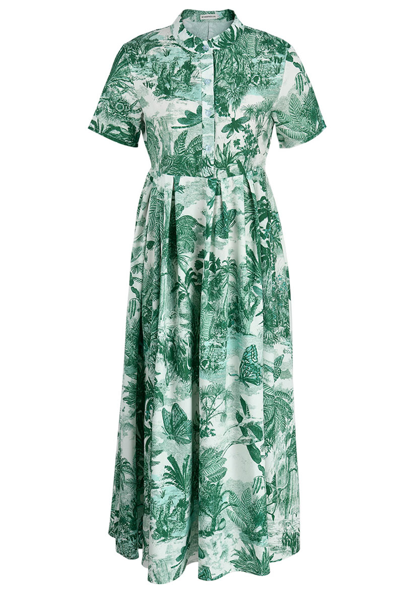 Wholesale Green Casual Elegant Print Patchwork Turndown Collar Dresses ...