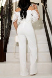White Elegant Solid Hollowed Out Patchwork Off the Shoulder Straight Jumpsuits