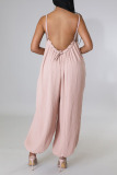 Pink Casual Solid Patchwork Spaghetti Strap Straight Jumpsuits
