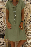 Army Green Fashion Casual Solid Basic V Neck Short Sleeve Dress