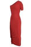Tangerine Red Elegant Solid Patchwork Flounce Fold Oblique Collar Dresses