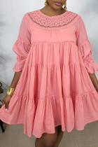 Pink Casual Solid Patchwork O Neck A Line Dresses