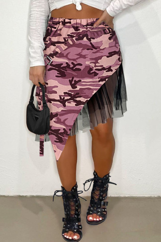 Pink Fashion Street Print Camouflage Print Patchwork Asymmetrical High Waist Full Print Bottoms