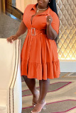 Tangerine Red Casual Solid Patchwork Buckle Turndown Collar A Line Plus Size Dresses
