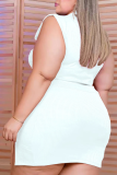 White Sexy Solid Draw String V Neck Plus Size Two Pieces