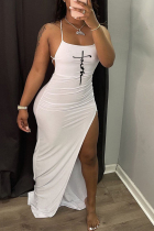 White Fashion Sexy Print Backless Cross Straps Slit Spaghetti Strap Sleeveless Dress