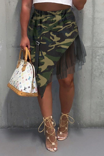 Green Fashion Street Print Camouflage Print Patchwork Asymmetrical High Waist Full Print Bottoms