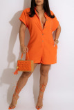 Orange Casual Solid Pocket Buttons Turndown Collar Loose Rompers