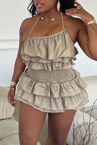 Khaki Sexy Solid Patchwork Flounce Halter A Line Dresses