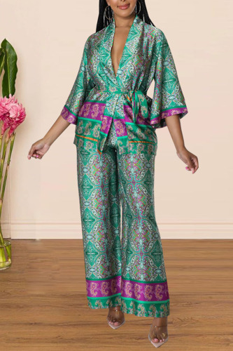 Green Casual Elegant Print Bandage Patchwork Three Quarter Two Pieces