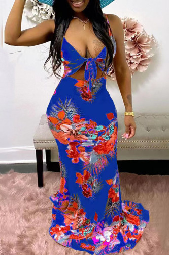 Deep Blue Sexy Print Hollowed Out Patchwork Spaghetti Strap Straight Dresses