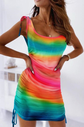 Colour Casual Print Bandage Patchwork Fold U Neck One Step Skirt Dresses