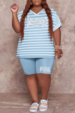 Red Fashion Casual Letter Striped Print Basic V Neck Plus Size Two Pieces