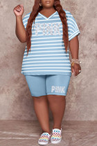 Blue Fashion Casual Letter Striped Print Basic V Neck Plus Size Two Pieces