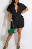 Black Casual Solid Pocket Buttons Turndown Collar Loose Rompers