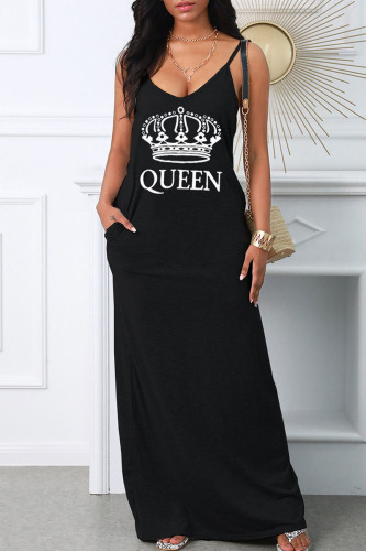 Black Casual Print Patchwork Spaghetti Strap Long Dress Dresses