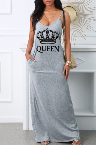 Grey Casual Print Patchwork Spaghetti Strap Long Dress Dresses