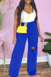 Blue Casual Solid Ripped Patchwork Straight High Waist Straight Solid Color Bottoms