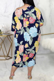 Multicolor Fashion Casual Plus Size Print Basic O Neck Short Sleeve Dress