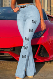 Blue Fashion Casual Butterfly Print Patchwork High Waist Regular Denim Jeans