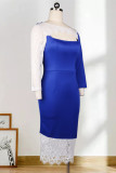 Blue Fashion Sexy Patchwork Lace Hollowed Out O Neck Long Sleeve Dresses