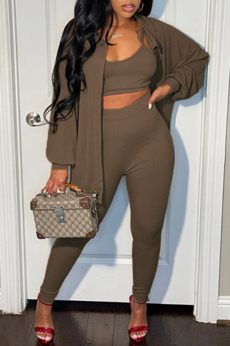 Khaki Casual Solid Patchwork Buckle Turndown Collar Long Sleeve Three Pieces