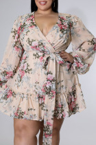 Pink Sexy Casual Print Frenulum V Neck A Line Plus Size Dresses