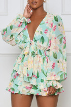 Green Casual Sweet Print Patchwork V Neck Straight Dresses