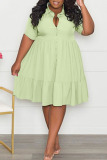 Green Casual Solid Patchwork Buckle Turndown Collar A Line Plus Size Dresses