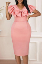 Pink Elegant Solid Patchwork Flounce Slit With Bow V Neck One Step Skirt Dresses