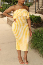 Yellow Sexy Print Patchwork Flounce Strapless One Step Skirt Dresses