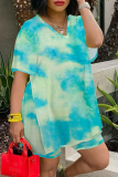 Red Fashion Patchwork Tie-dye V Neck Short Sleeve Two Pieces