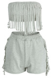 Grey Sexy Solid Tassel Patchwork Strapless Sleeveless Two Pieces