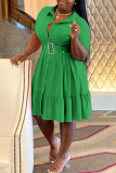 Light Green Casual Solid Patchwork Buckle Turndown Collar A Line Plus Size Dresses