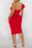 Red Fashion Sexy Solid Patchwork Backless Slit One Shoulder Sleeveless Dress
